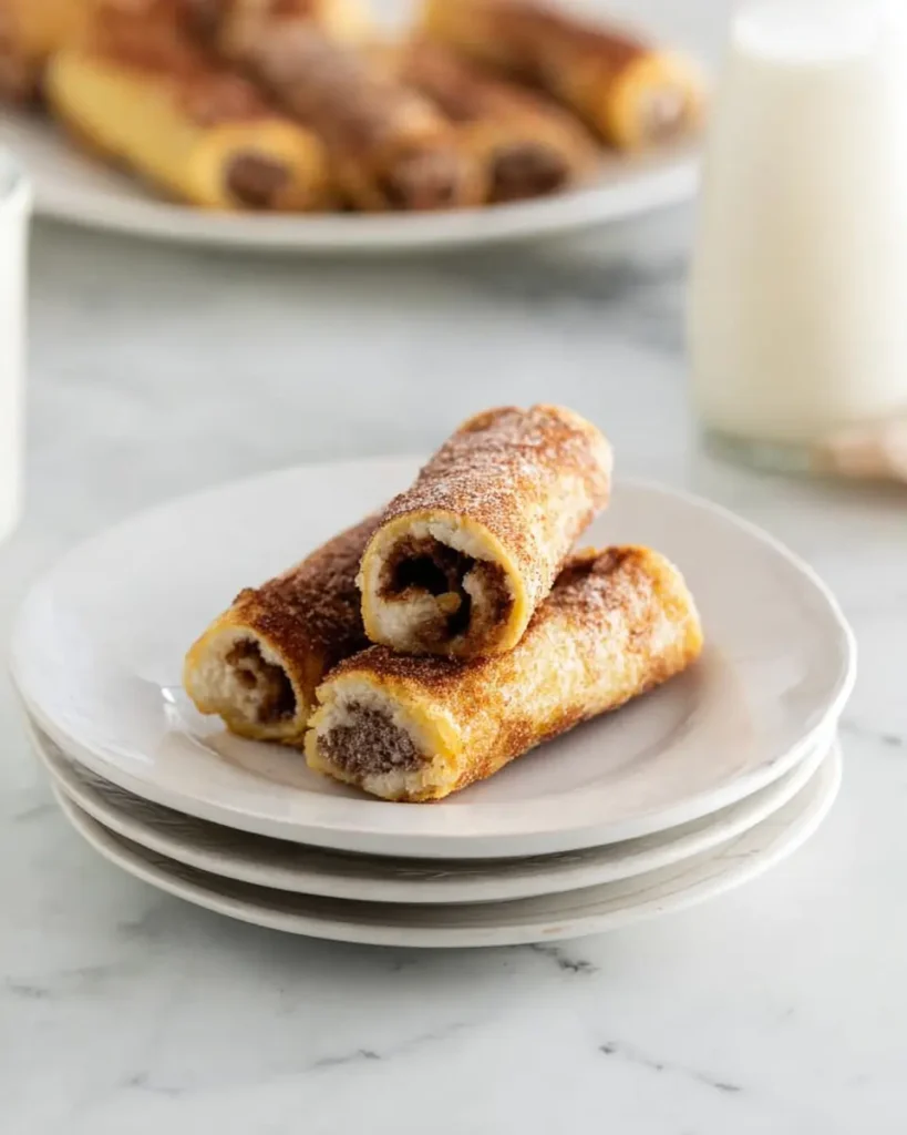 Stack of cinnamon-sugar French toast rollups with creamy filling on white plates