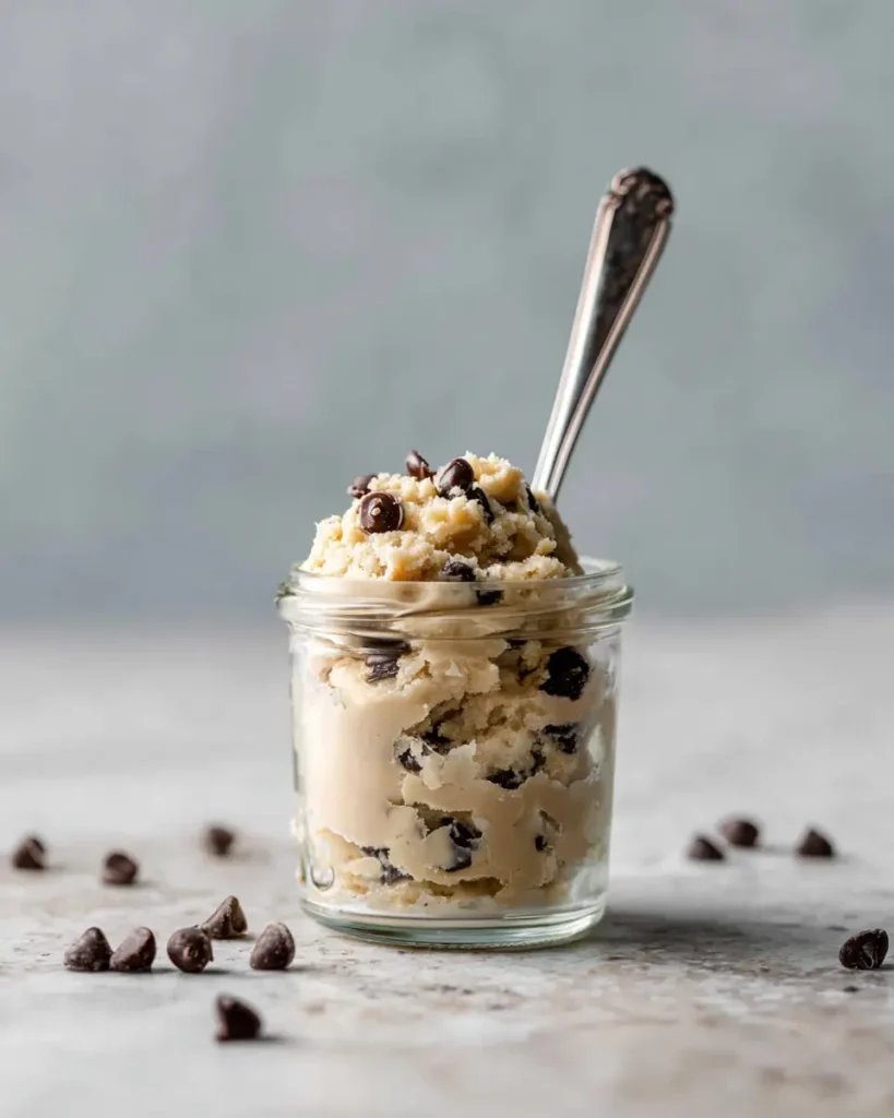Glass jar of edible cookie dough with chocolate chips and spoon on a stone surface