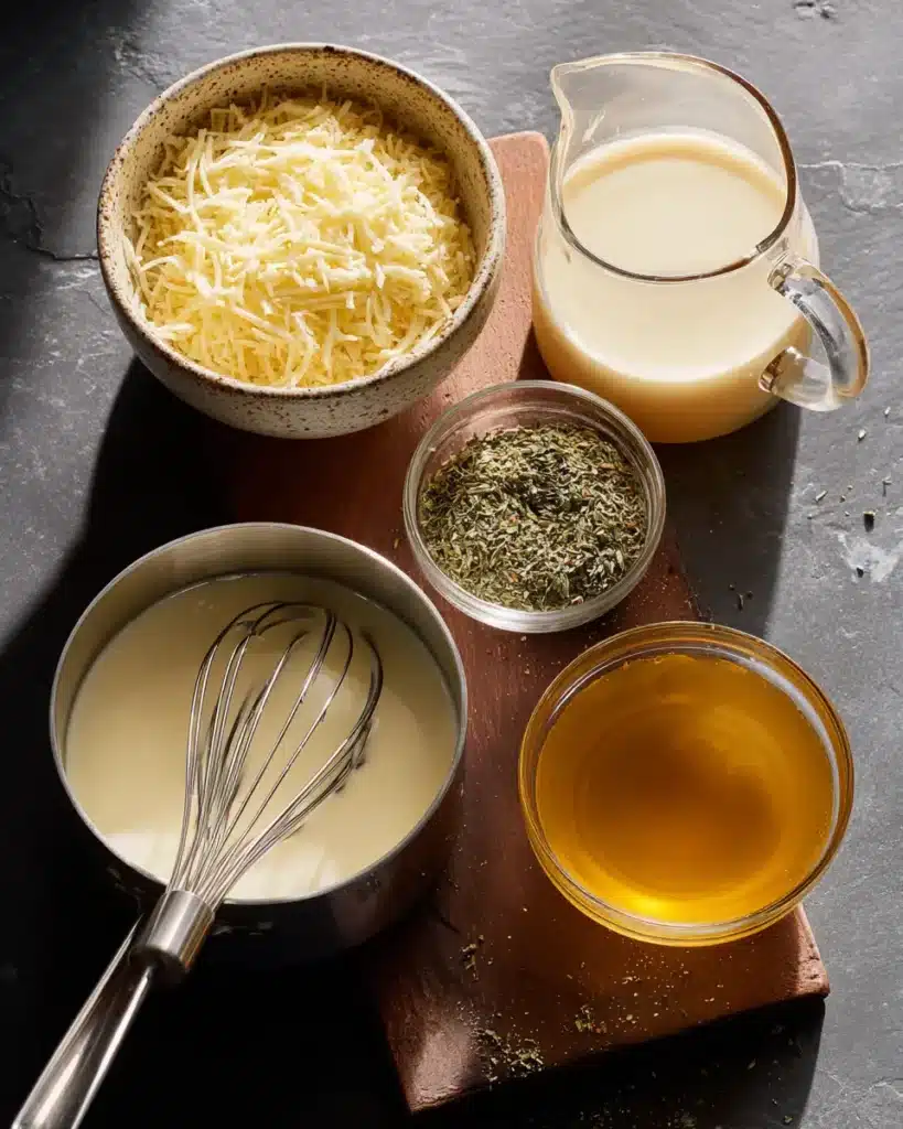Cream, Parmesan, broth, and seasoning for creamy garlic Parmesan chicken pasta sauce