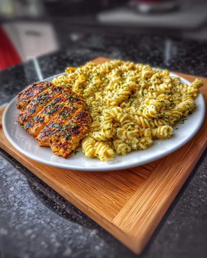Creamy garlic Parmesan chicken pasta with grilled chicken on a rustic plate