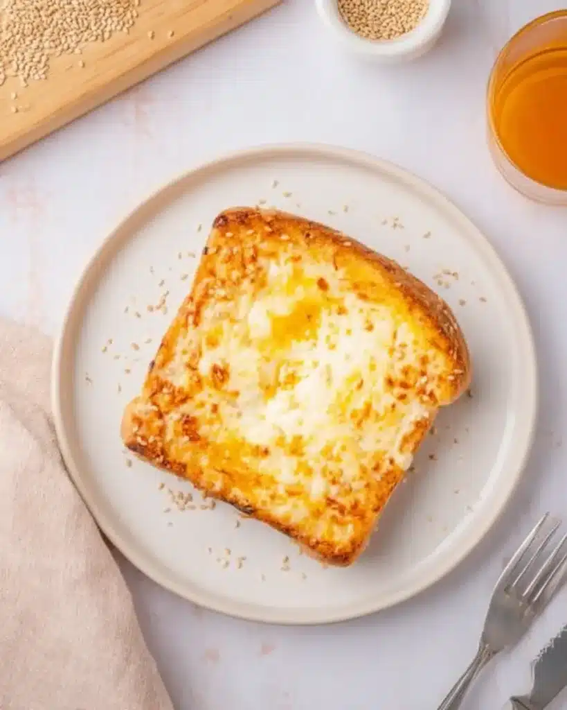 Air fryer egg and cheese toast on white plate with sesame seeds and honey on the side