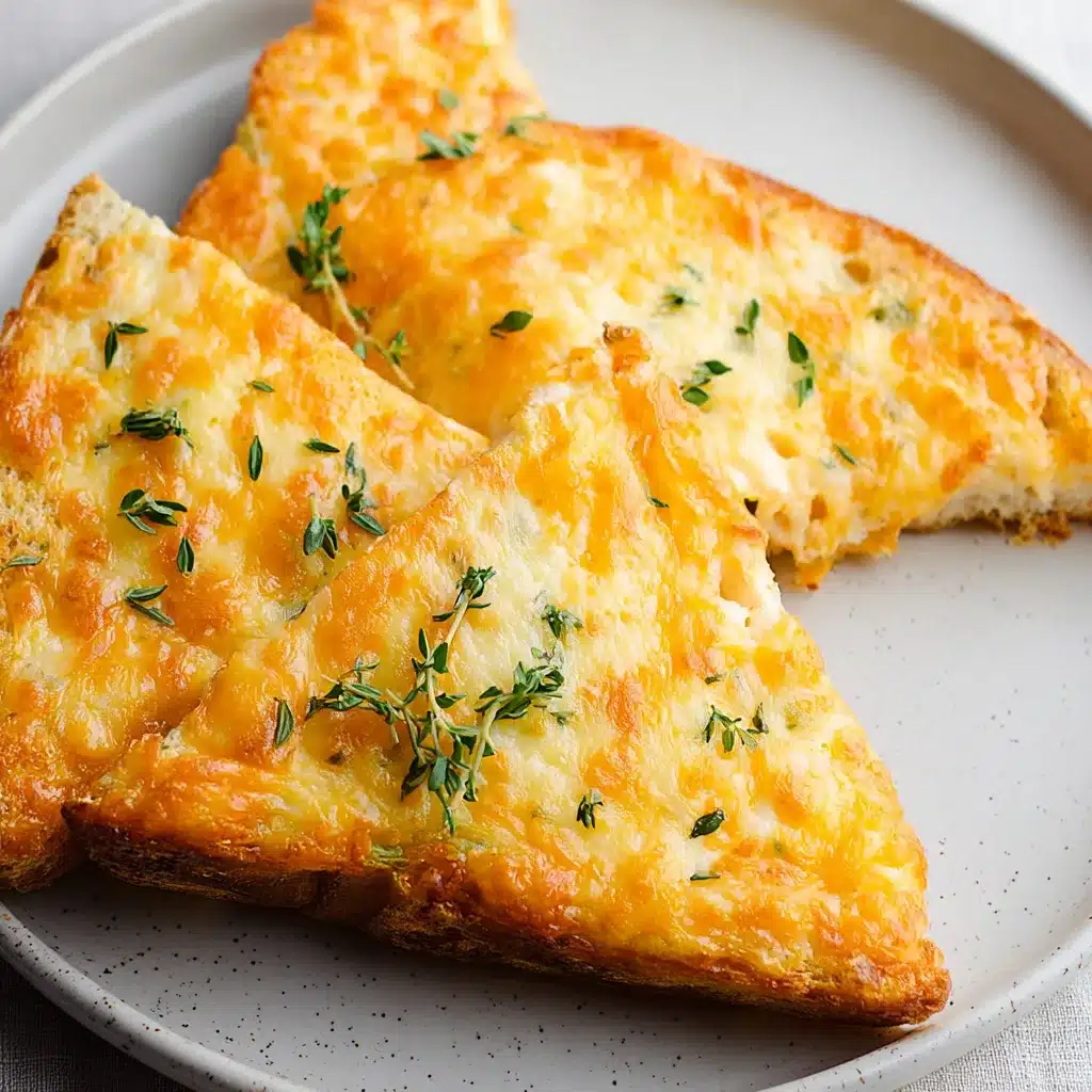 Close-up of golden baked egg and cheese toast triangles with herbs on ceramic plate