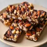 Dark chocolate and sea salt nut bars topped with whole almonds and peanuts, drizzled with chocolate and sprinkled with sea salt on a white plate.