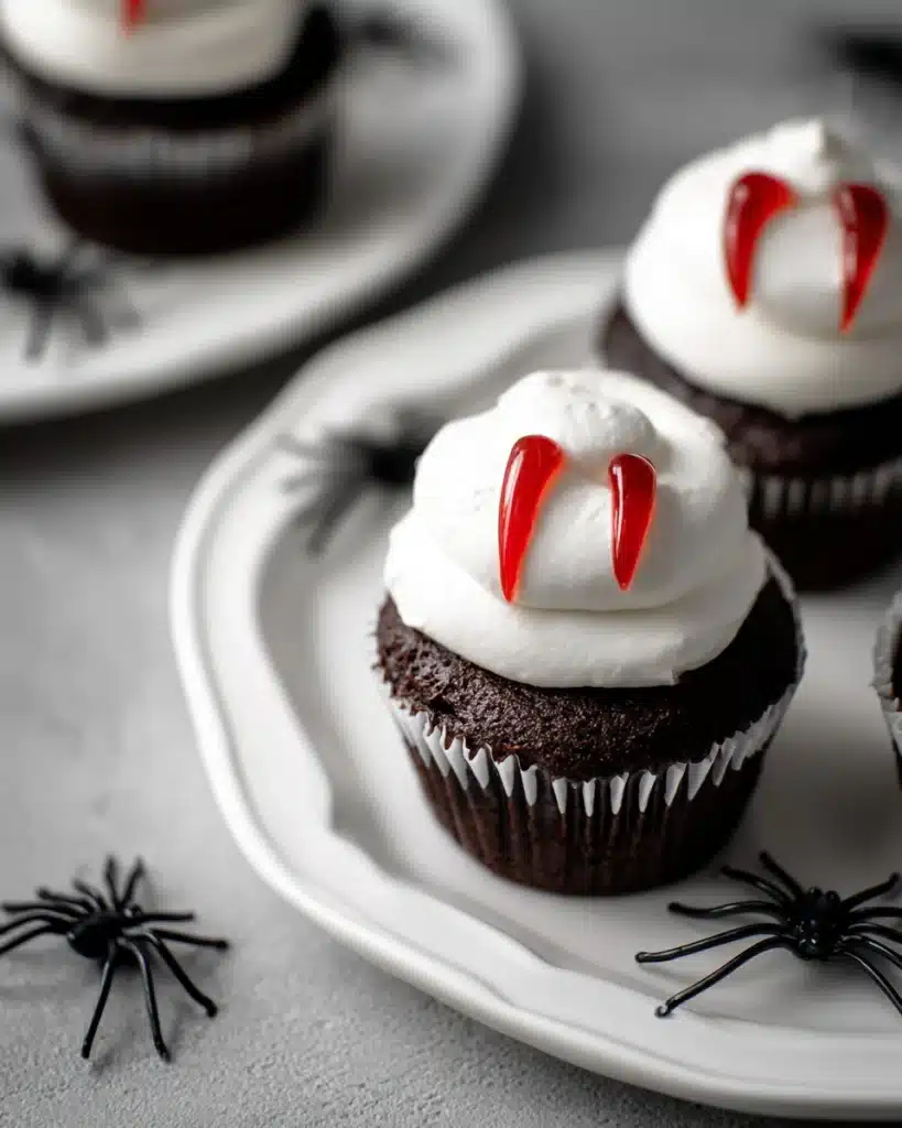 Halloween Vampire Bite Cupcakes with white frosting and red gel fang marks