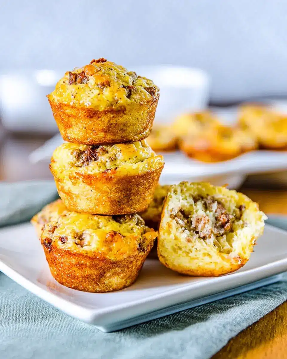 Stack of golden brown sausage pancake bites on a white plate with a soft, fluffy interior and crispy edges.