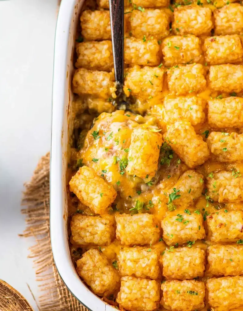 Easy Tater Tot Casserole with golden crispy tots and melted cheese