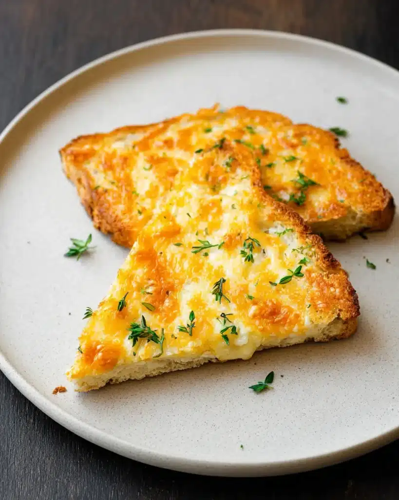Golden egg and cheese toast slices topped with herbs on a ceramic plate