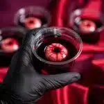 Hand holding eyeball jello shot in plastic cup for Halloween