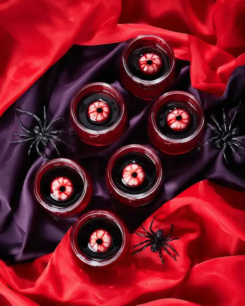 Spooky eyeball jello shots in clear cups with Halloween spider prop