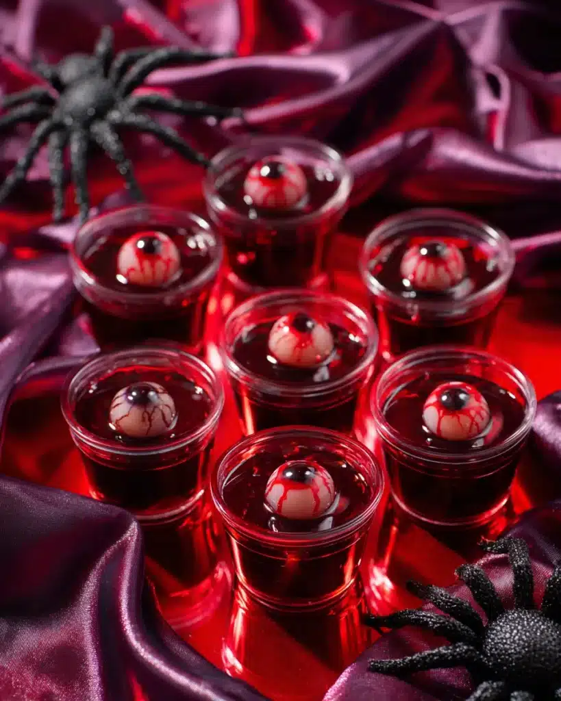 Halloween eyeball jello shots with spiders on red background