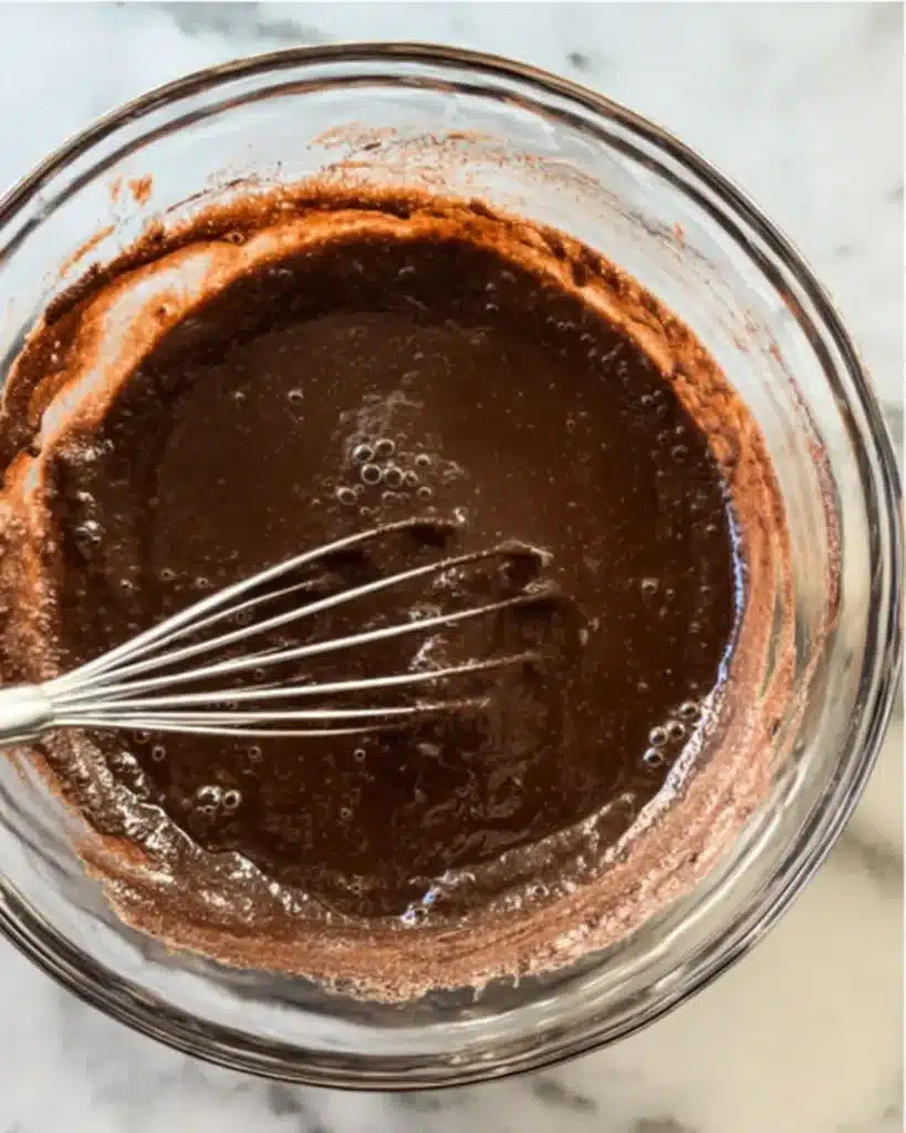 Thick chocolate batter with whisk in bowl for Halloween Vampire Bite Cupcakes