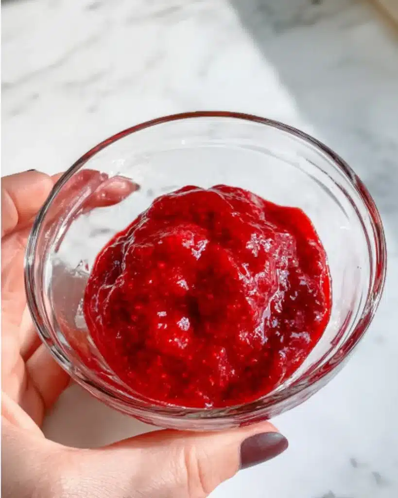 Cooled and thickened strawberry jam for Halloween Vampire Bite Cupcakes