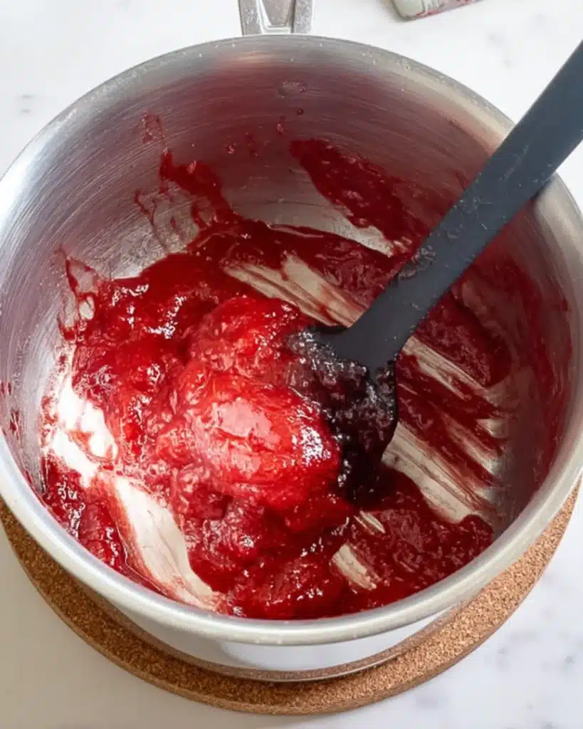 Thick strawberry jam for Halloween Vampire Bite Cupcakes clinging to a spatula