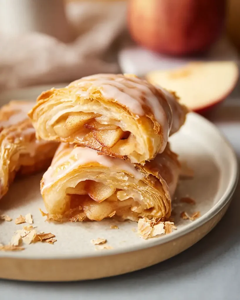Inside view of easy crescent roll apple turnovers showing flaky crust and cinnamon apple filling on a ceramic plate
