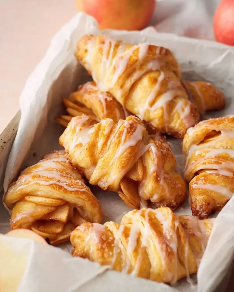 Close-up of golden crescent roll apple turnovers with vanilla glaze on parchment paper and sliced apples in a white tray