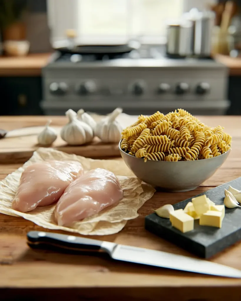 Chicken, pasta, garlic, and butter for creamy garlic Parmesan chicken pasta