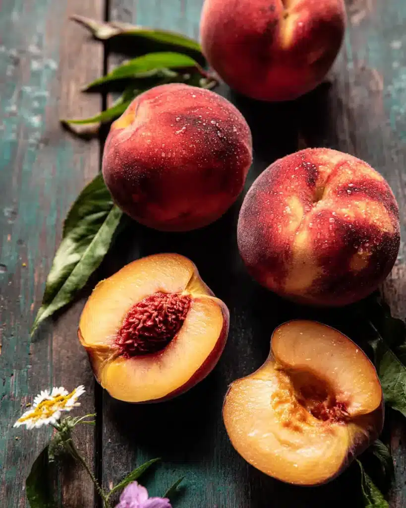 Fresh ripe peaches and halved peaches on rustic wooden table