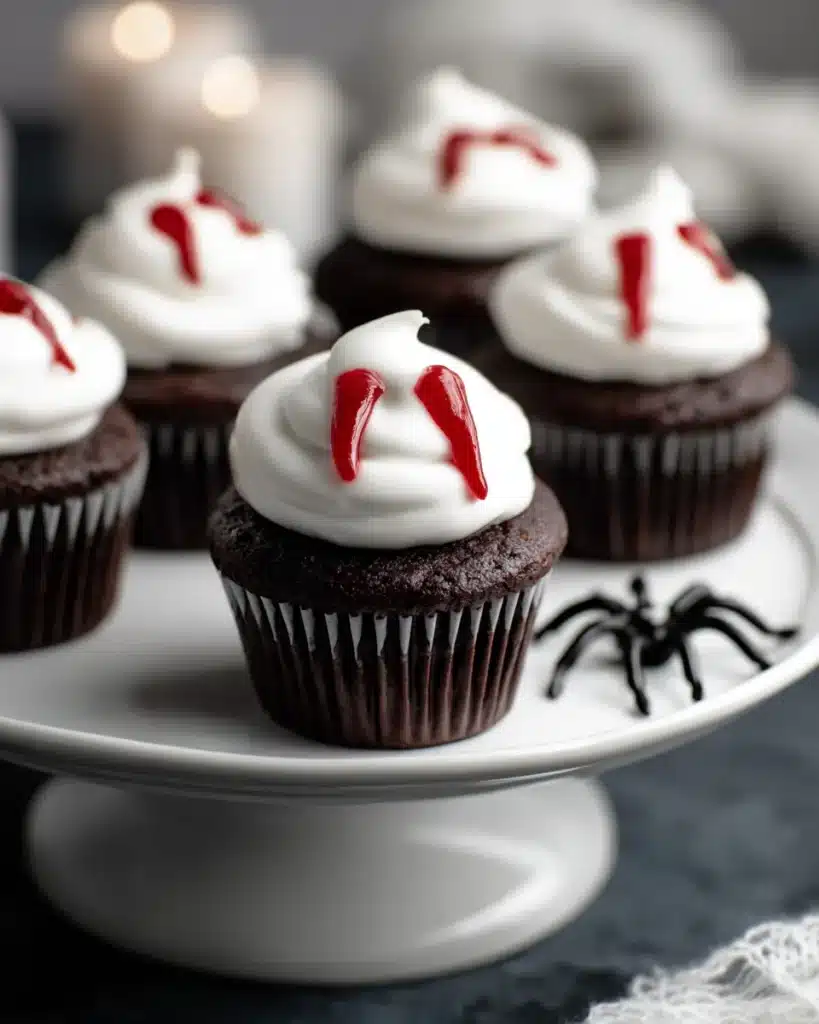 Frosted Halloween Vampire Bite Cupcakes with red jam fangs on a plate