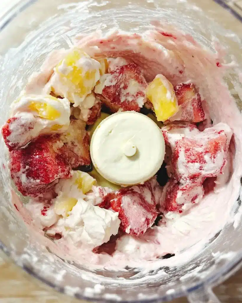 Partially blended frozen strawberries, pineapple, and yogurt in a food processor for a 5-Minute Fruit Smoothie Bowl.