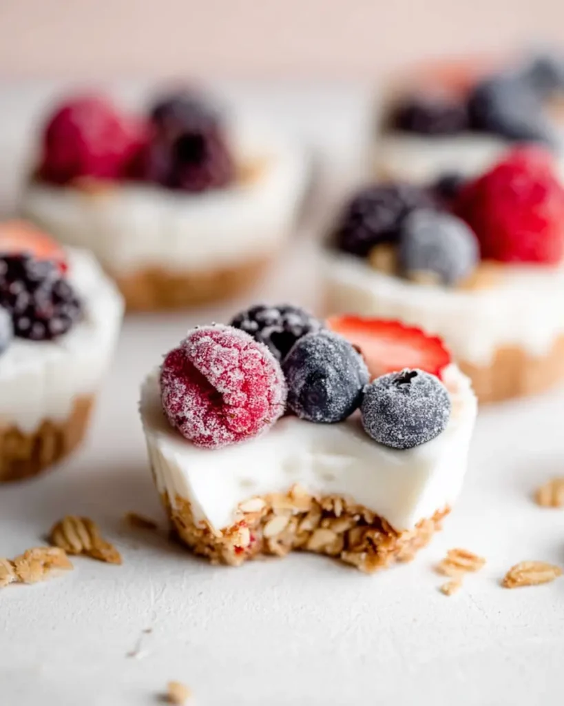 Frozen yogurt granola cups topped with frozen berries and served on a light wooden table.