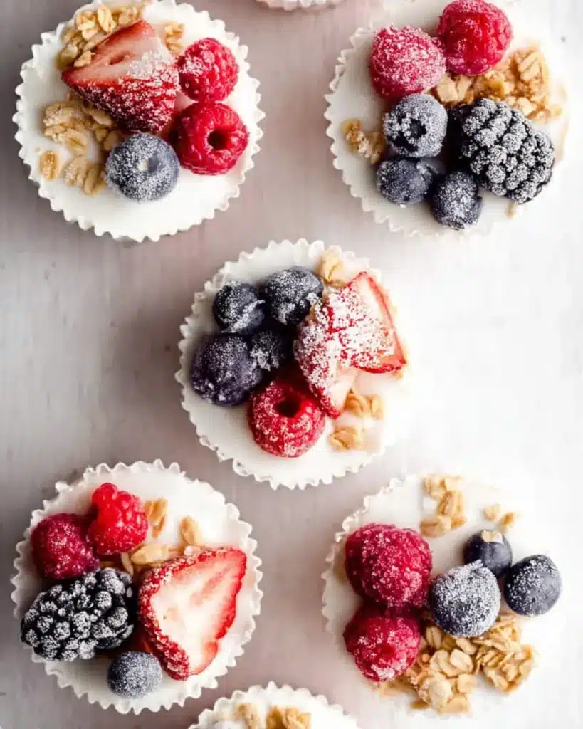 Top view of frozen yogurt granola cups topped with frozen berries and crunchy granola.