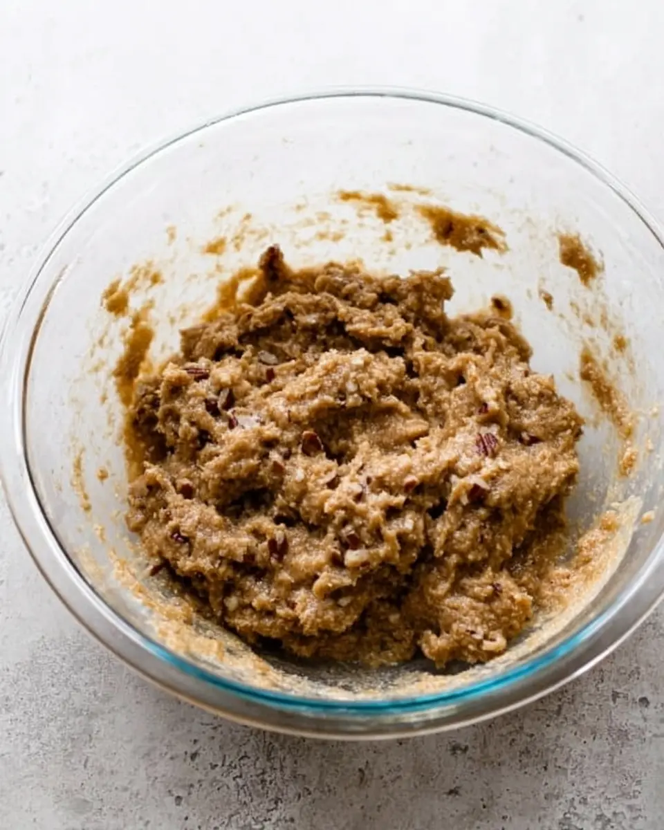 Pecan pie muffin batter mixed with chopped pecans in a glass bowl on a gray kitchen surface