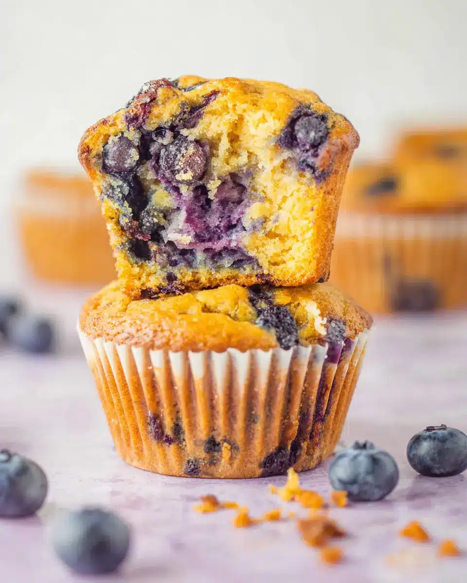 Blueberry cottage cheese muffins stacked with one torn open to show a fluffy golden interior and juicy blueberries, surrounded by fresh berries on a white surface
