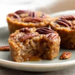 Mini pecan pie muffins with golden edges and gooey centers, topped with pecans on a ceramic plate