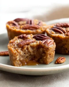 Mini pecan pie muffins with golden edges and gooey centers, topped with pecans on a ceramic plate
