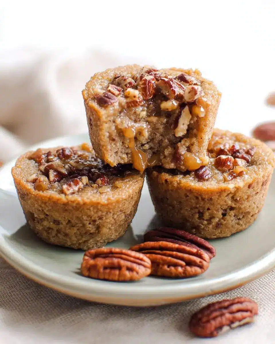Stacked pecan pie muffins with glossy pecans and gooey center on ceramic plate