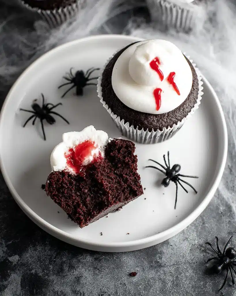 Halloween vampire bite cupcakes with jam filling and buttercream frosting on a plate