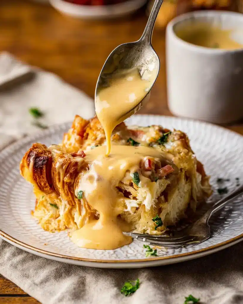 Serving of ham and cheese croissant bake topped with hollandaise sauce