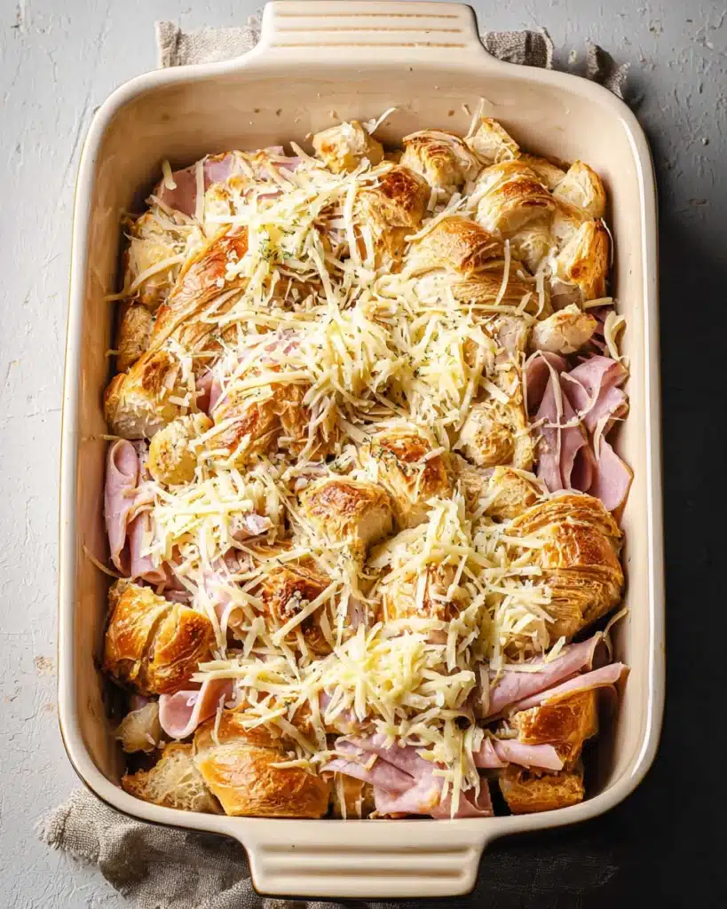 Layered ham and cheese croissant bake with onions and shredded cheese in ceramic dish