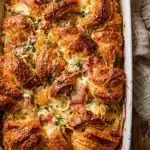 Ham and cheese croissant bake with golden flaky layers in white dish on wooden table