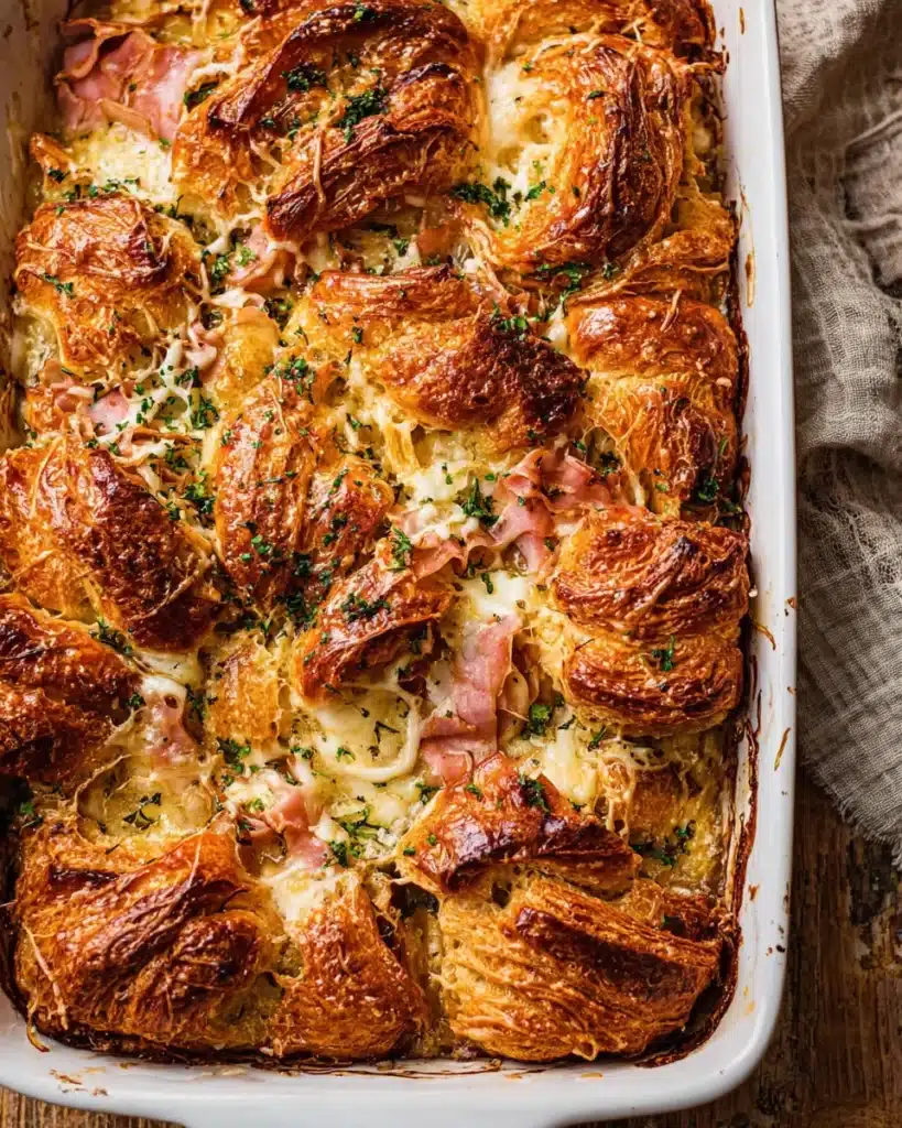 Ham and cheese croissant bake with golden flaky layers in white dish on wooden table