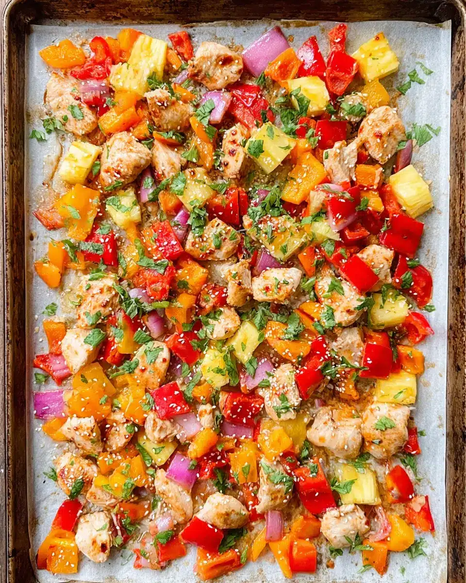 Colorful Hawaiian chicken sheet pan with roasted bell peppers, pineapple, and sesame seeds on a baking tray.