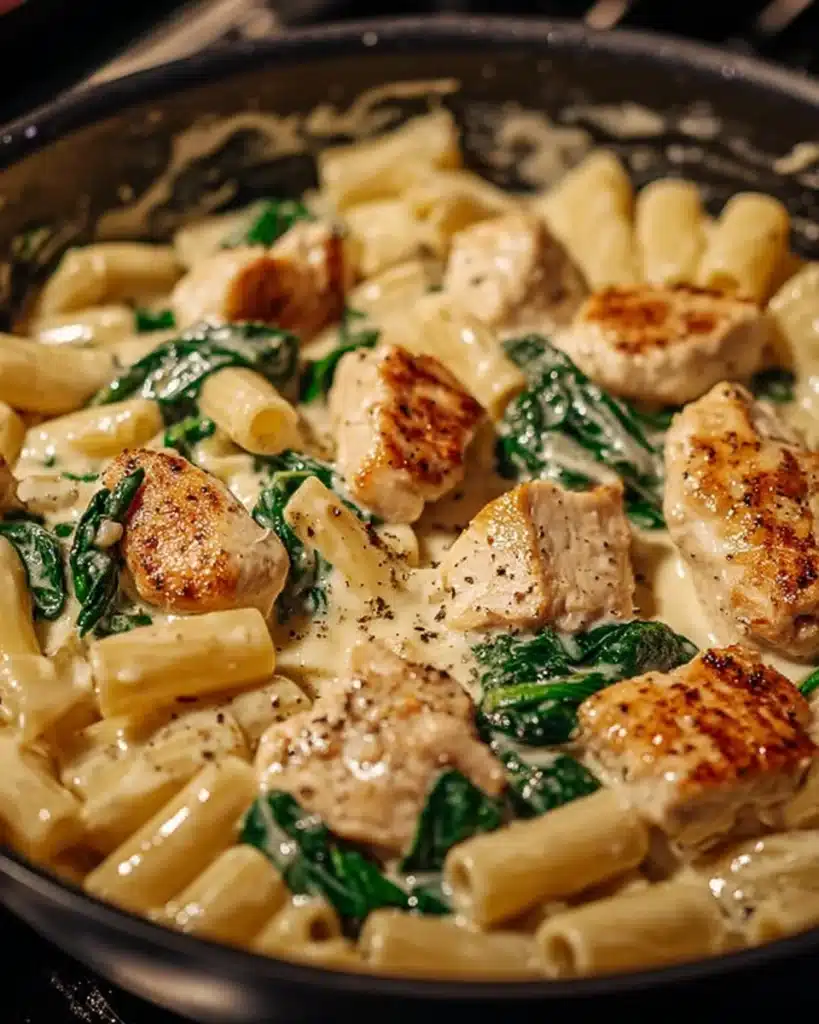Creamy garlic parmesan chicken pasta with spinach cooking in skillet