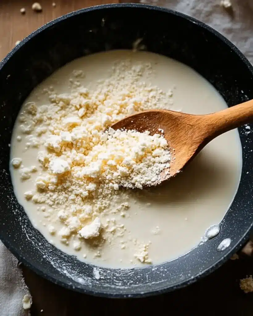 Creamy garlic parmesan sauce with cheese melting in skillet for pasta recipe