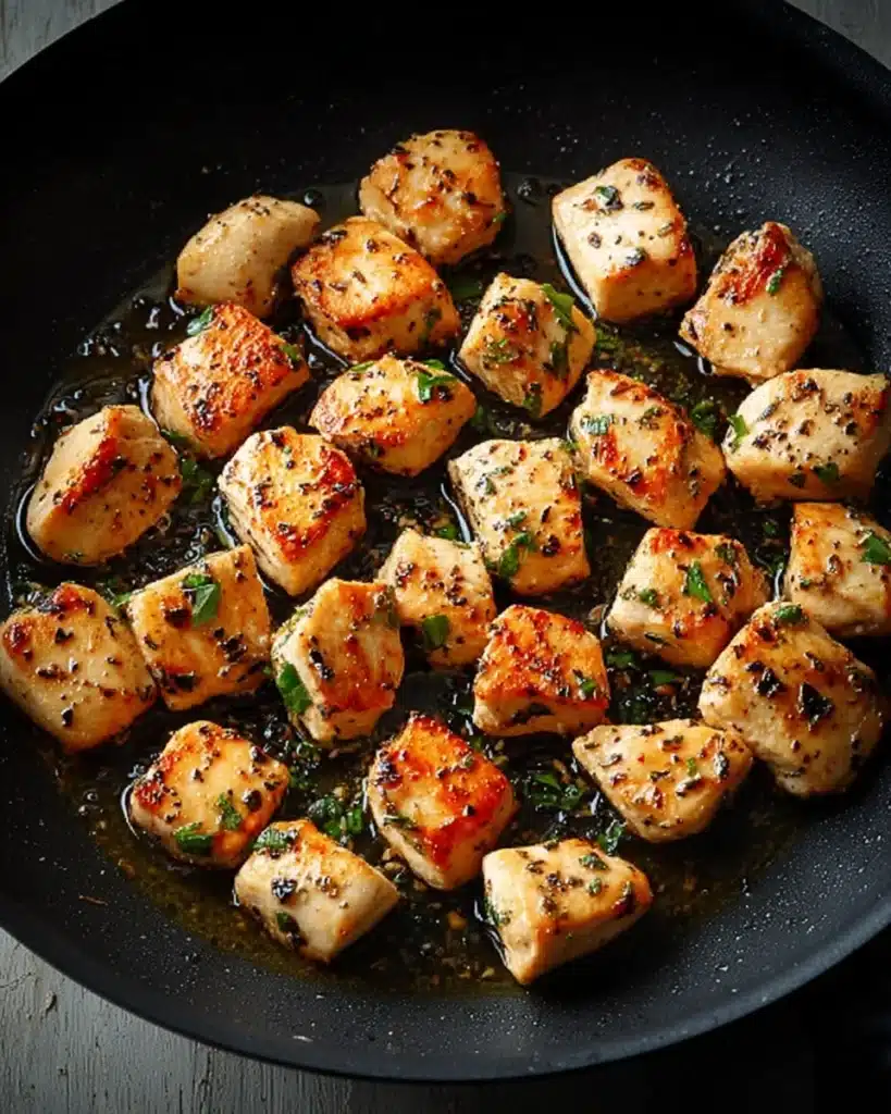 Healthy garlic parmesan chicken pasta recipe seared chicken cubes in skillet