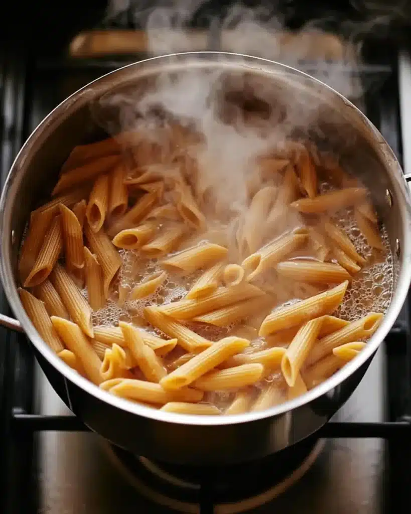 Healthy garlic parmesan chicken pasta recipe boiling penne in pot