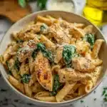 Healthy garlic parmesan chicken pasta in a white bowl with creamy sauce and golden chicken