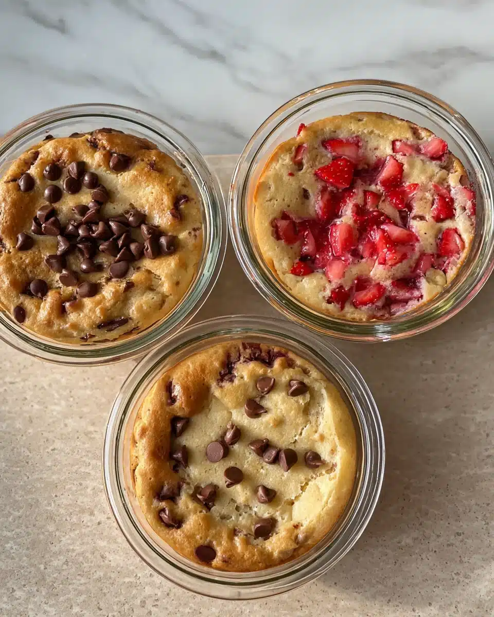 Three baked protein pancake bowls in glass ramekins, topped with chocolate chips, strawberries, and golden crust