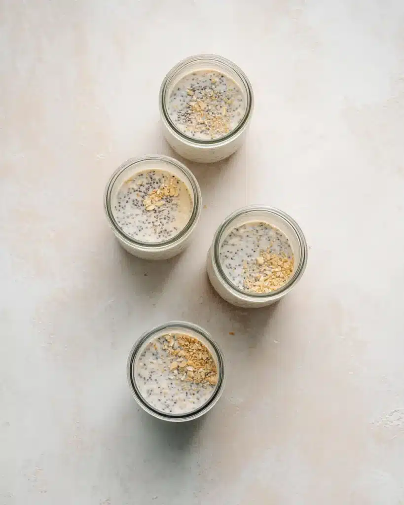 High-protein overnight oats base with chia seeds in four glass jars