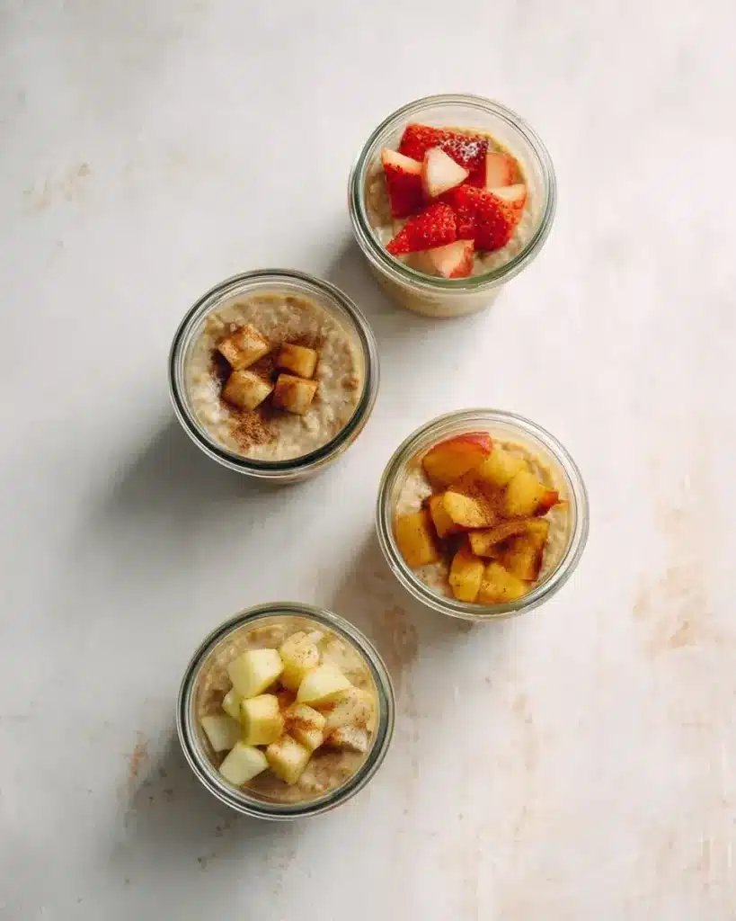 High-protein overnight oats in jars with strawberry, apple, peach, and banana variations