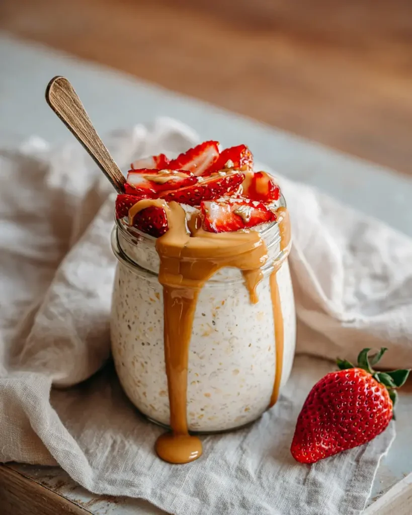 High-protein overnight oats jar topped with peanut butter and strawberries