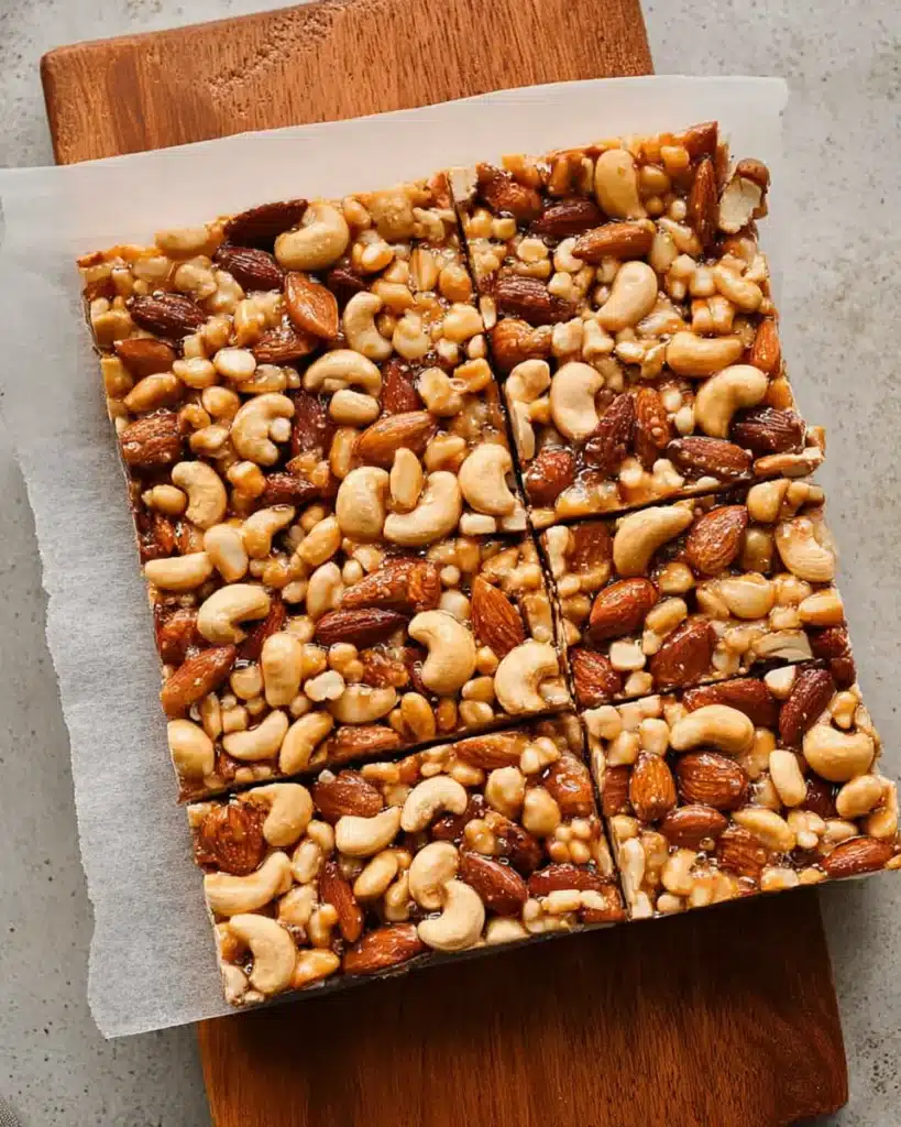 Freshly sliced nut bars with almonds, cashews, peanuts, and puffed rice on parchment paper