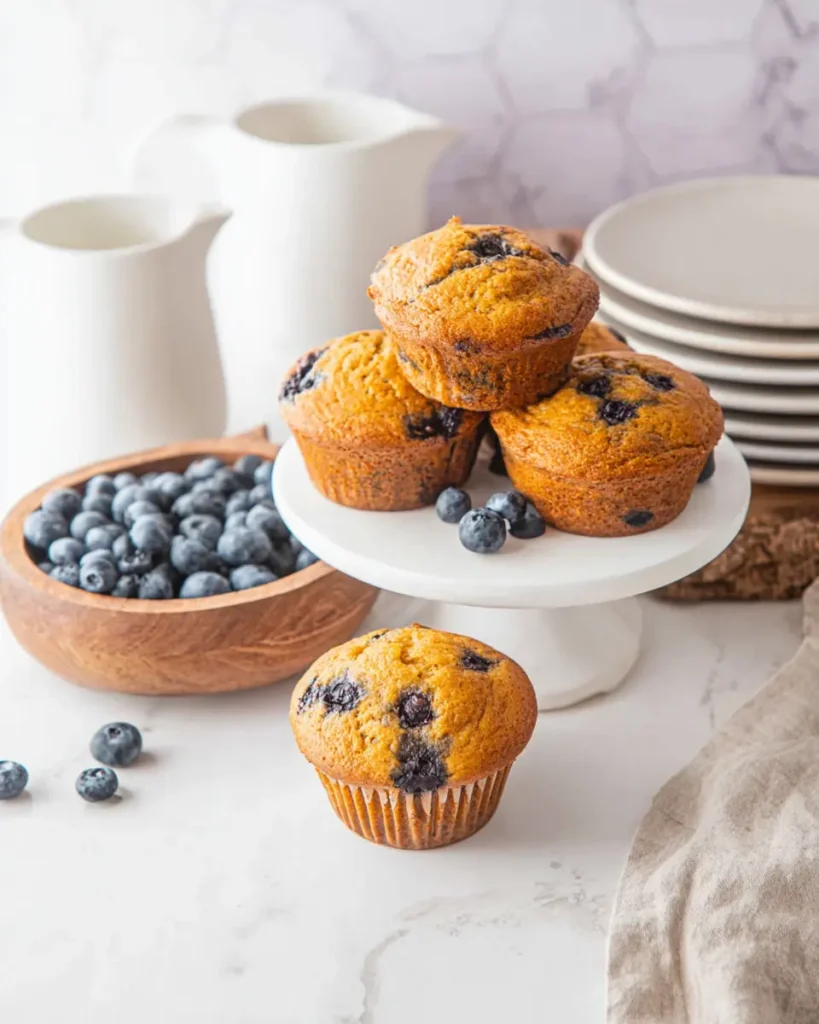 Freshly baked blueberry muffins on a white cake stand with a wooden bowl of blueberries in the background, styled for a cozy homemade brunch