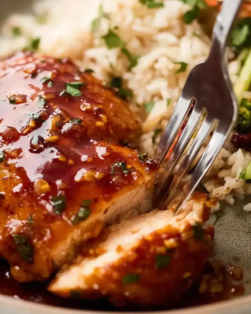 Juicy honey garlic chicken breast sliced with fork over rice