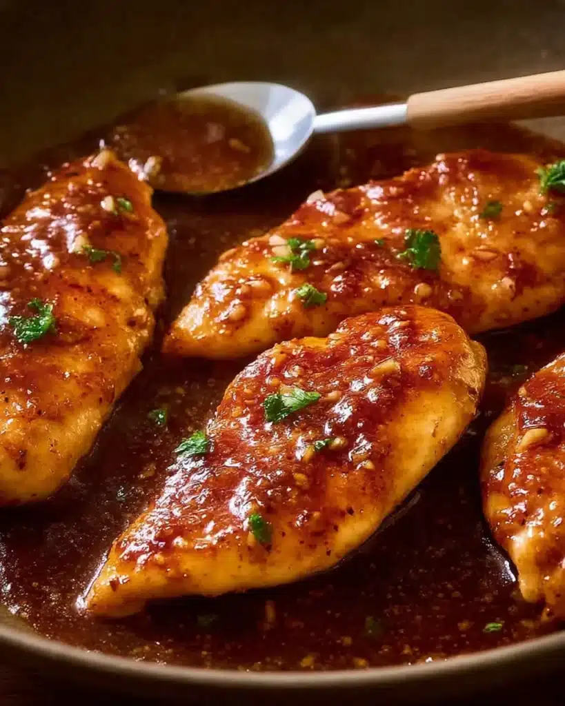 Honey garlic chicken breast glazed with sticky golden sauce on ceramic plate