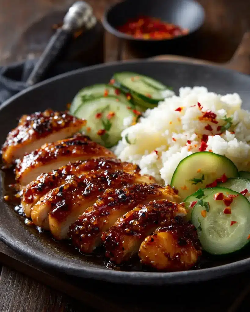 Honey garlic chicken breast with rice, cauliflower rice, and cucumbers